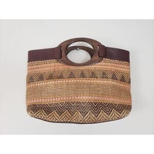 Vintage Y2K Fossil Brown Woven Straw Wooden Round Handles Satchel Purse Bag Boho